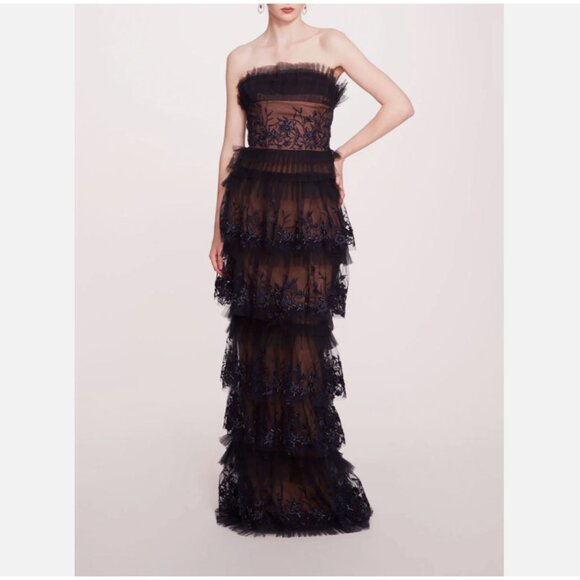 MARCHESA Tiered Terrarium Column Gown In Midnight - Picture 1 of 12